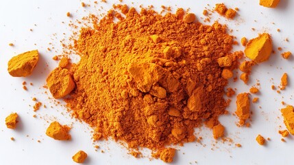 explosion of orange powder vividly captured against a white background, creating a dynamic and energetic visual effect that highlights the texture and vibrancy of the substance