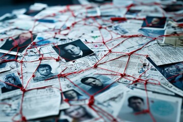 Intricate Crime Investigation Board with Photos and Red Thread Connections