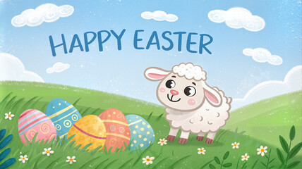 Happy Easter with cartoon lamb and colorful eggs in grassy field.
