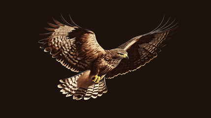 Fototapeta premium A Brown Hawk with Spread Wings in Flight, Dark Background