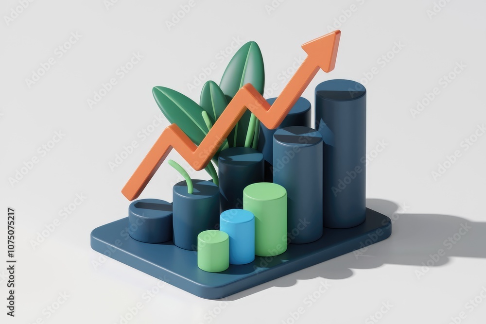 Poster 3d illustration of a bar graph with a rising arrow and leaves