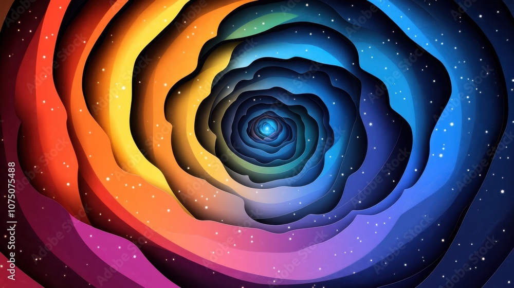 Poster abstract spiral design in vivid colors with gradients representing a deep space or universe concept 