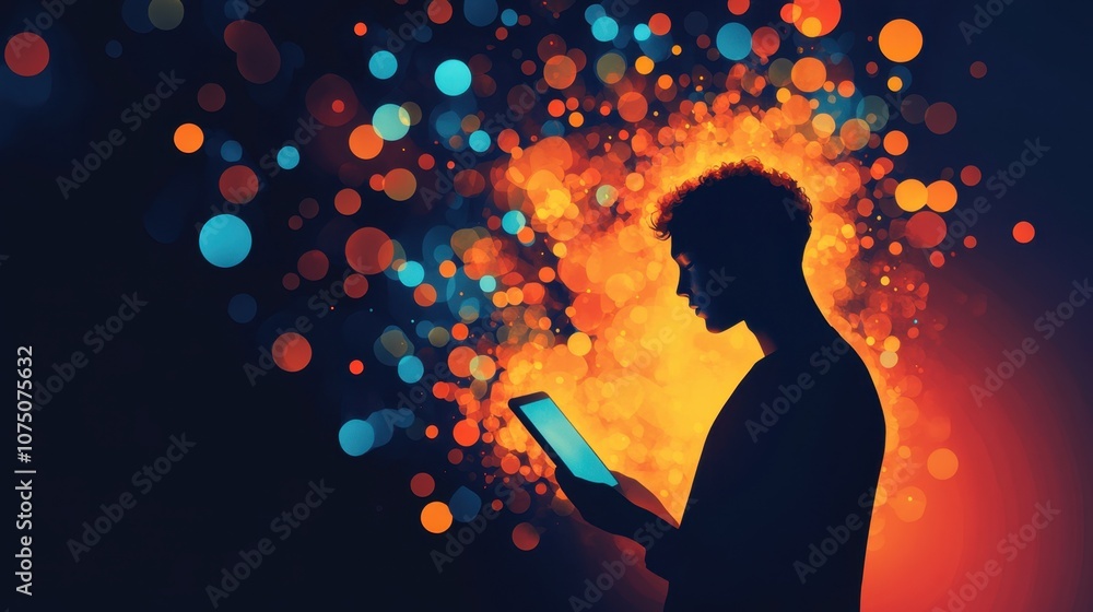 Poster silhouette of person using tablet with colorful bokeh lights and abstract background creating a drea