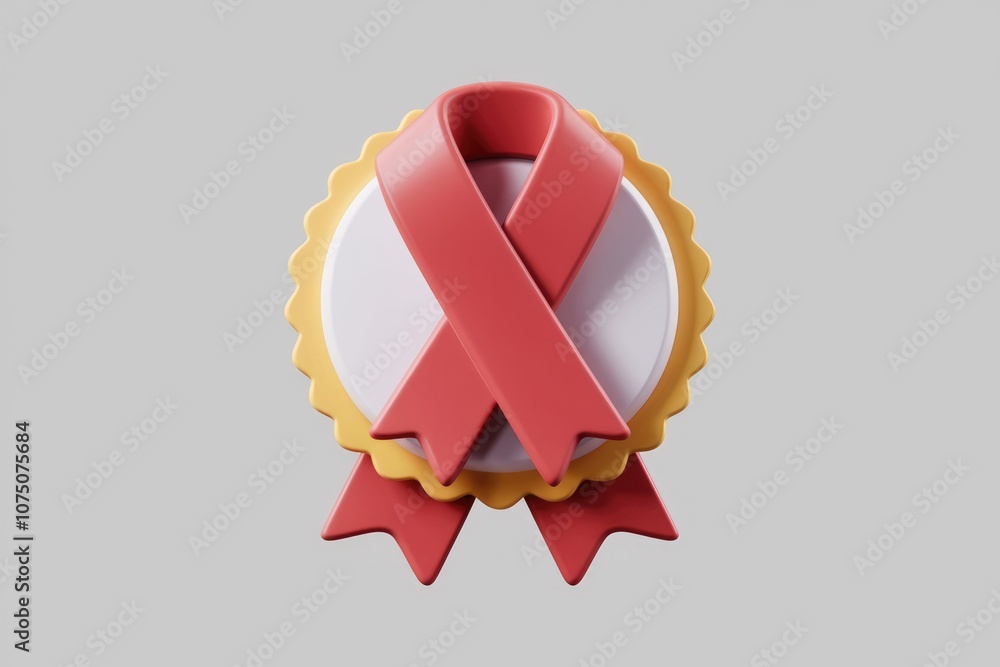 Poster a 3d render of a golden badge with a red ribbon.