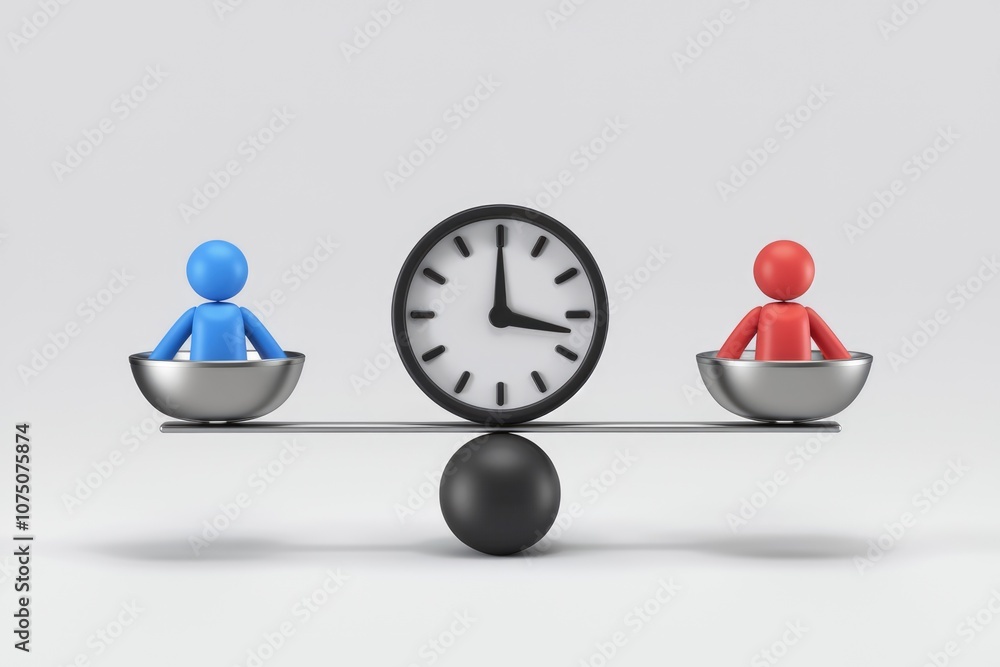 Poster Time management concept with clock and figures on a scale.