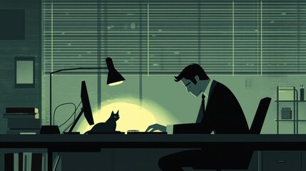A Focused Professional Working Late at Night in a Modern Office Setting with a Cat Resting on a Desk, Illuminated by a Soft Desk Lamp Glow