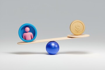 A person and a dollar coin balanced on a seesaw.
