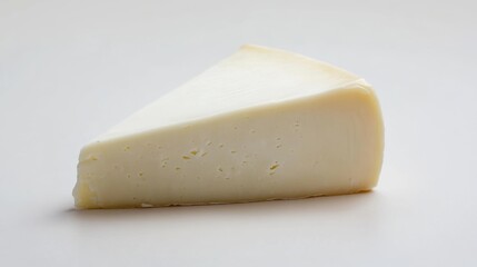 A wedge of Gouda goat cheese, showcasing its smooth texture and white color. This Dutch cheese is known for its mild, tangy flavor, making it perfect for gourmet dishes and cheese boards.
