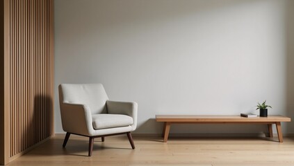 Modern living room featuring minimalist Japanese interior design with accent chair on grey wall  bench