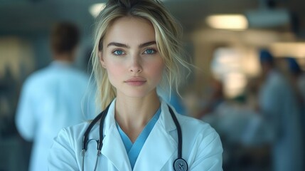 female doctor coordinates emergency care in a bustling er, directing nurses and ensuring prompt patient attention, embodying leadership and professionalism in a high-pressure medical environment