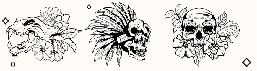 Line art Black and white set of skeleton and skull animal beast woodcut engraving style element for tattoos and apparel design