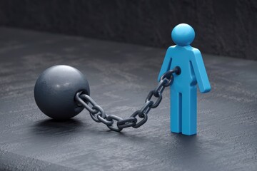 A blue figure is chained to a heavy ball  symbolizing burden.
