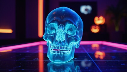 A neon glowing skull with high tech cyber UV light x-ray effect in surreal psychedelic art style for a trendy minimal modern club nightlife or Halloween party cover design