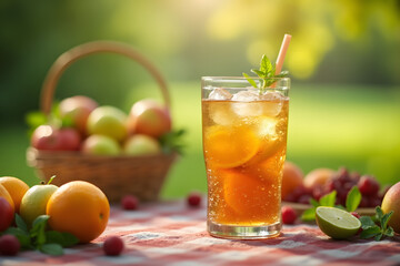 Fototapeta premium A glass of bubbly ginger ale standing on a picnic table surrounded by summer fruits and greenery