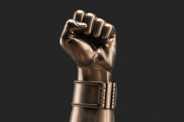 A clenched bronze fist with a detailed metal bracelet
