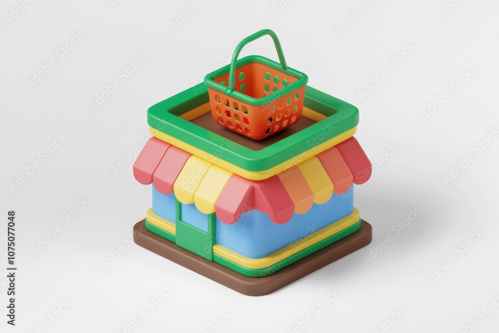 Poster A colorful 3D model of a small store with a shopping basket on top.