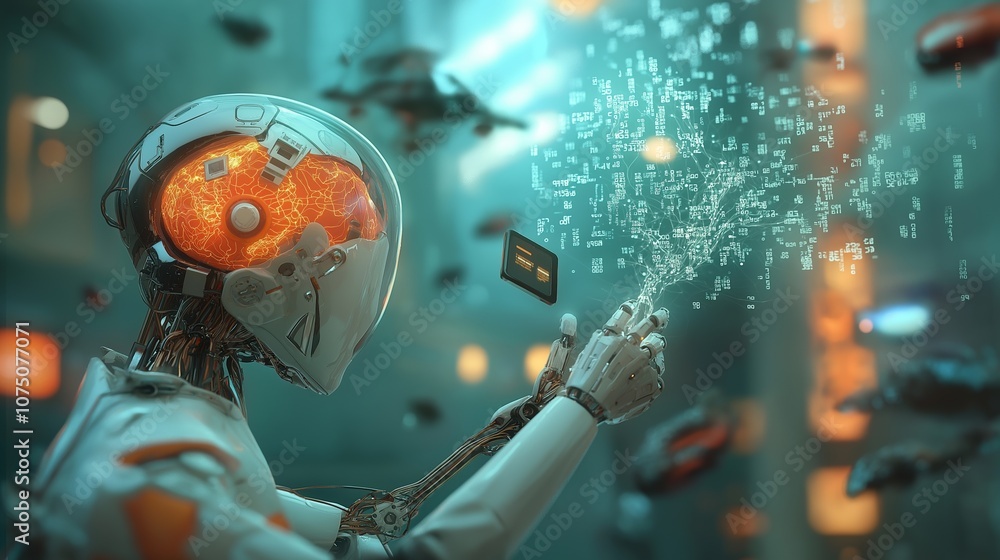 Poster a humanoid robot holds digital gadgets and digital data streams. the concept of the development of m