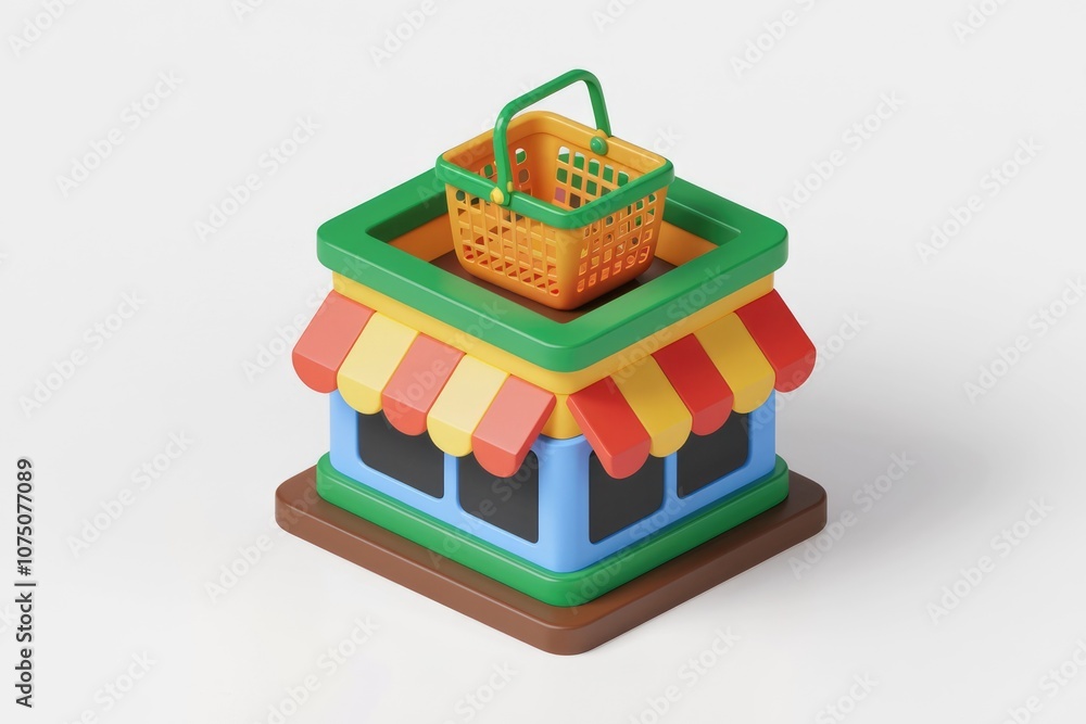 Poster a 3d model of a small store with a shopping basket on top.