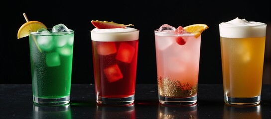 Four vibrant cocktails displayed on ice fruits  an orange slice over a dark backdrop