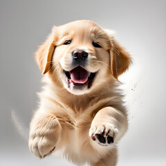 A puppy jumping happily on a plain white background.