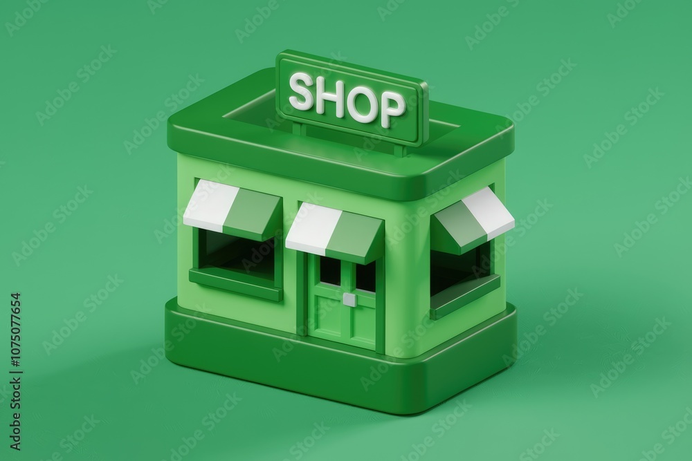 Poster a green 3d model of a small shop with an awning.