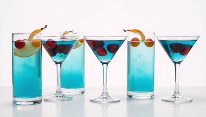 Blue fruity cocktail set against white backdrop