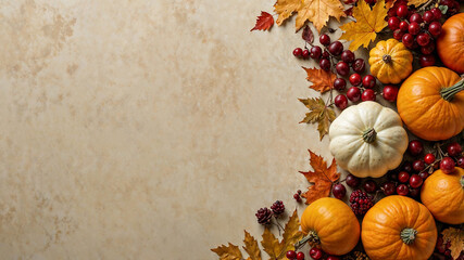 Autumn composition with pumpkins, berries and colorful leaves creating a frame on beige background. (Generative AI)