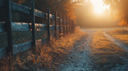 Obraz premium A serene sunset on a quiet country road lined with a weathered wooden fence and golden sunlight illuminating the path ahead