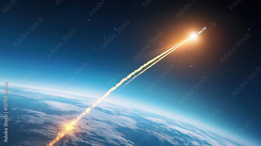 Poster rocket launching into space from earth, showcasing the journey towards orbit in the calm of the uppe