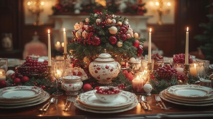 Naklejka premium festive table adorned with ornate tableware and lit candles, surrounded by a warm glow, evoking a cozy family atmosphere during christmas dinner