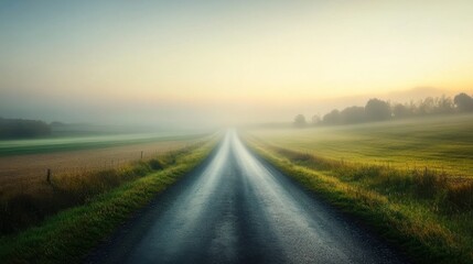 A peaceful country road winding through misty fields at dawn, inviting quiet reflection and exploration of nature's beauty