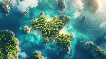 Fototapeta premium Explore the vibrant tropical island surrounded by turquoise waters and rocky islets during a sunny day in paradise