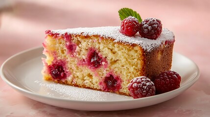 Delicious Slice of Raspberry Cake with Powdered Sugar