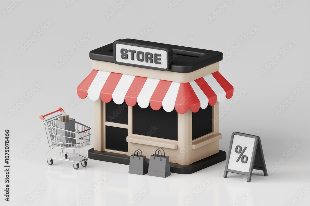 Poster 3d model of a small store with shopping cart bags and discount sign.
