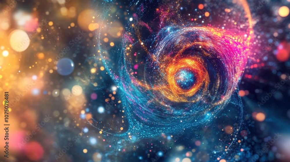Poster An abstract artistic visualization exploring atomic structures in a vibrant cosmic setting, filled with swirling colors and energies