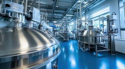 Industrial stainless steel tanks and piping in a clean room facility
