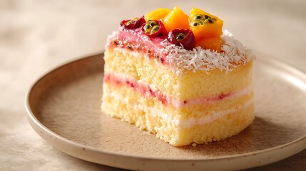 Delicious Mango Passion Fruit Cake Dessert with Coconut Flakes