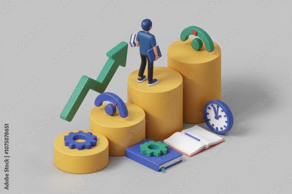 Poster 3d illustration of a man standing on a yellow cylinder with a green arrow pointing upwards