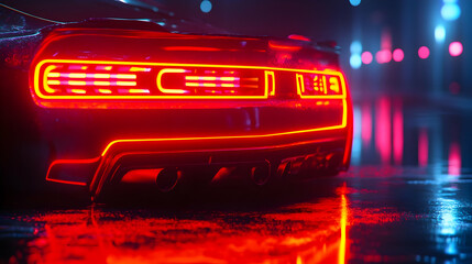 3D Illustration, Red Car Taillights in Cyberpunk City