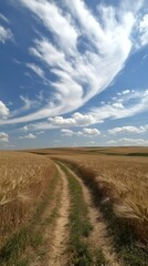 A winding dirt road through golden fields under a bright blue sky with scattered clouds on a clear sunny day