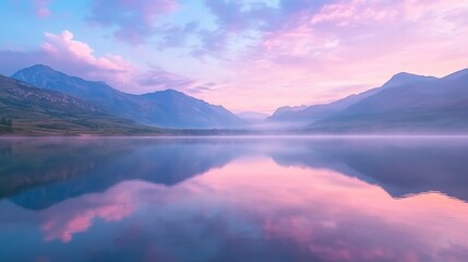 A serene lake reflecting majestic mountains under a colorful sky at dawn, inviting tranquility and natural beauty