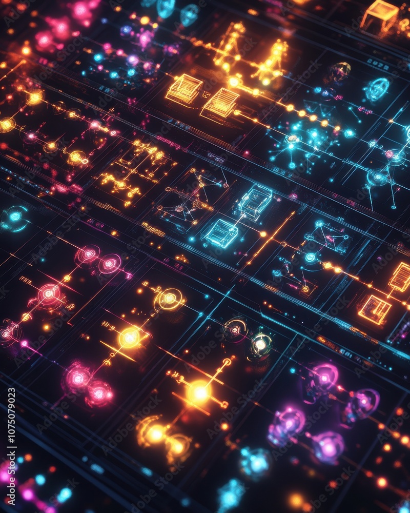 Poster a colorful digital representation of the periodic table showcasing elements and their connections in