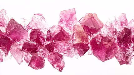 Fototapeta premium Abstract background of pink crystal chunks on white. Sparkling gems, ice, or glass shards. Macro photography with vibrant color and texture. Ideal for design projects.