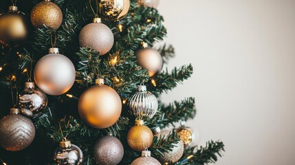 A close-up of a decorated Christmas tree with gold and silver ornaments.