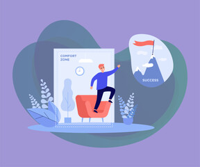 Business person leaving comfort zone. Millennial man working on change, finding ways to top and success. Vector illustration development, motivation self improvement concept
