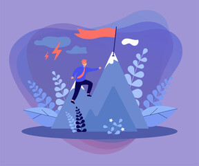 Businessman climbing on mountain through obstacles isolated flat vector illustration. Cartoon person never giving up for target, belief and growth. Perseverance, effort and ambition concept