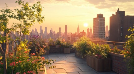 Fototapeta premium Tranquil rooftop garden at sunset overlooking the city skyline with vibrant flowers and greenery in New York