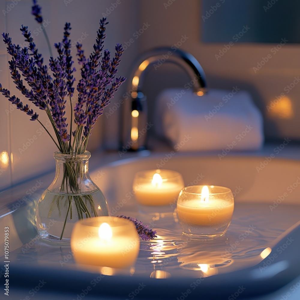 Poster a serene evening in a bathroom with floating candles and lavender arrangements enhancing relaxation