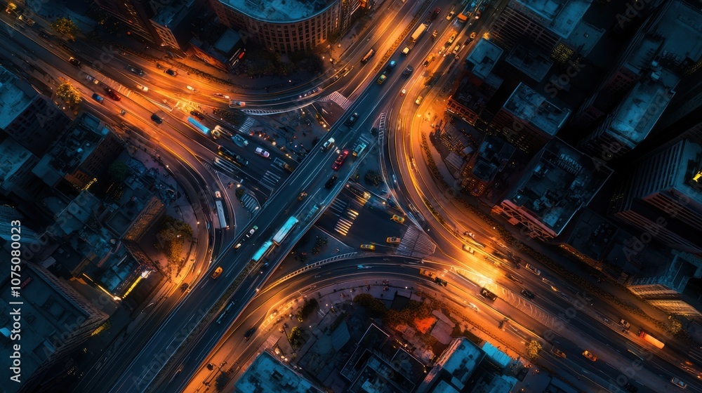 Poster Aerial view of a busy highway interchange illuminated by city lights during twilight hours