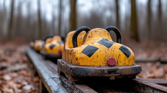 Abandoned yellow roller coaster cars rest silently on rusty tracks amidst a barren, leaf-laden landscape, invoking nostalgia.